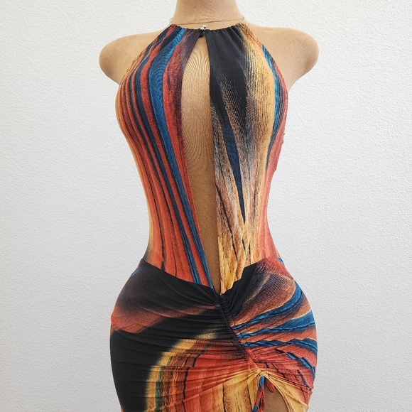 New Vibrant Multicolor Halter Maxi Dress - Picture 3 of 5